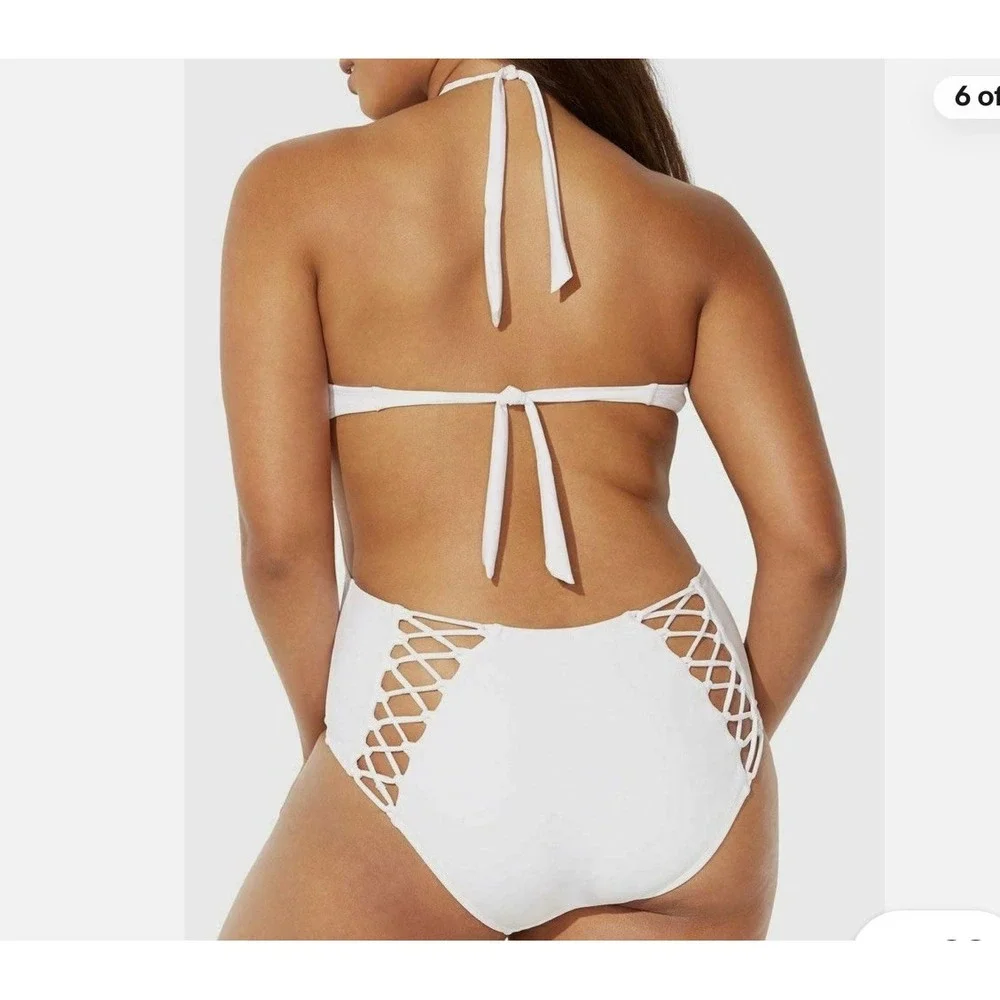 White Lace Up Bathing Suit Halter  Swimsuit OnePiece size 8 Large Ashley Graham